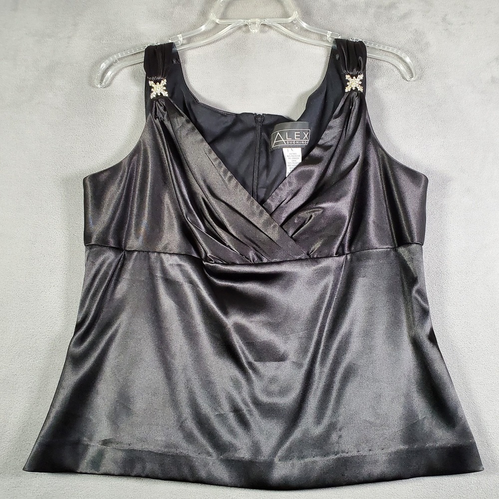 Alex Evenings Y2K Babydoll Tank Womens L Black Satin VNeck Rhinestone Whimsigoth
